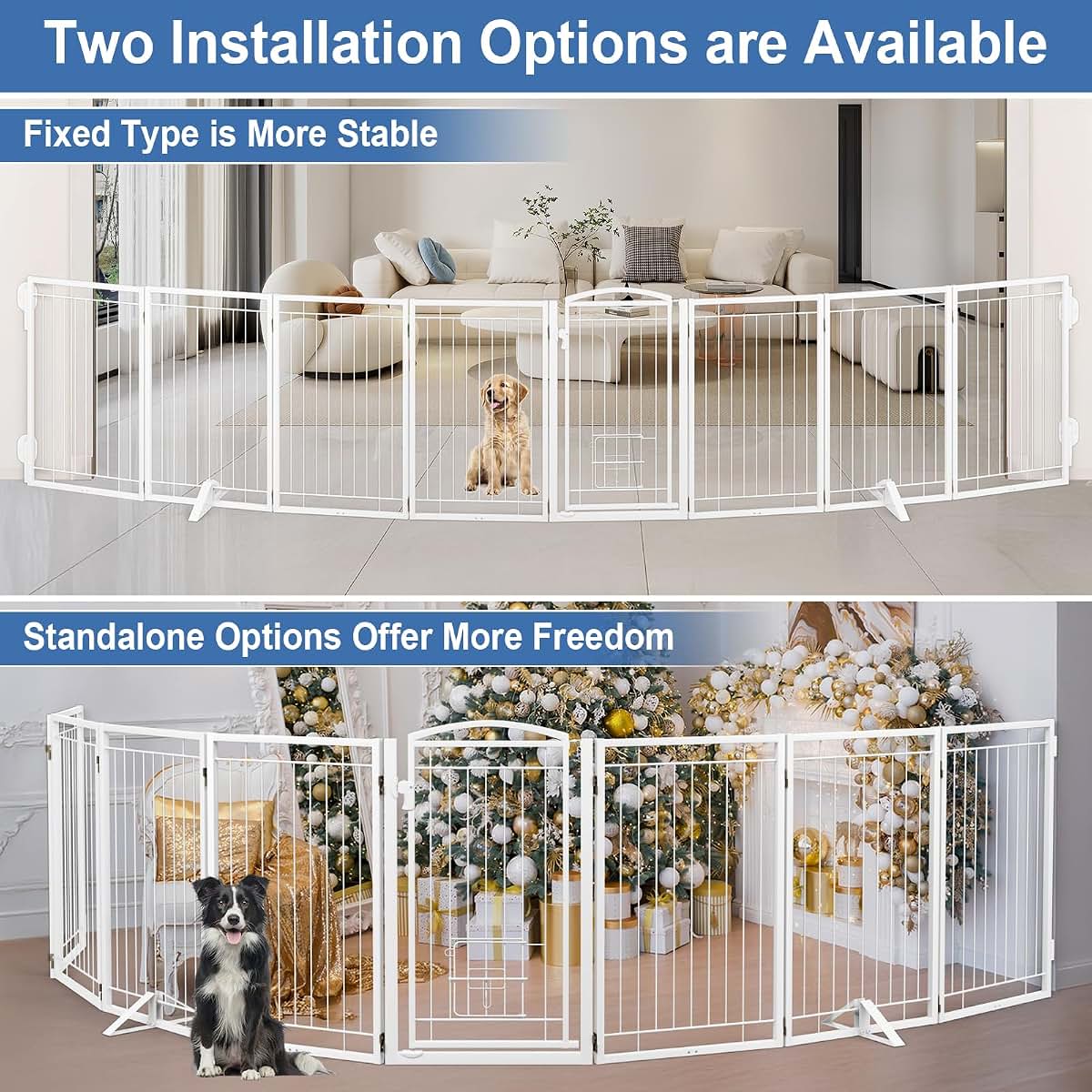 Klarana Full Metal Freestanding Dog Gate With Cat Door, 32" Tall, 160" Wide, White