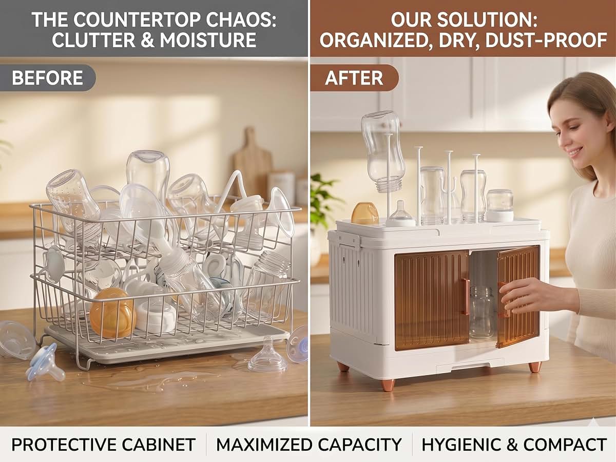 Vessy Baby Bottle Organizer for countertop with Drying Rack, Cover Dustproof Baby Bottle Storage Box Cabinet Station