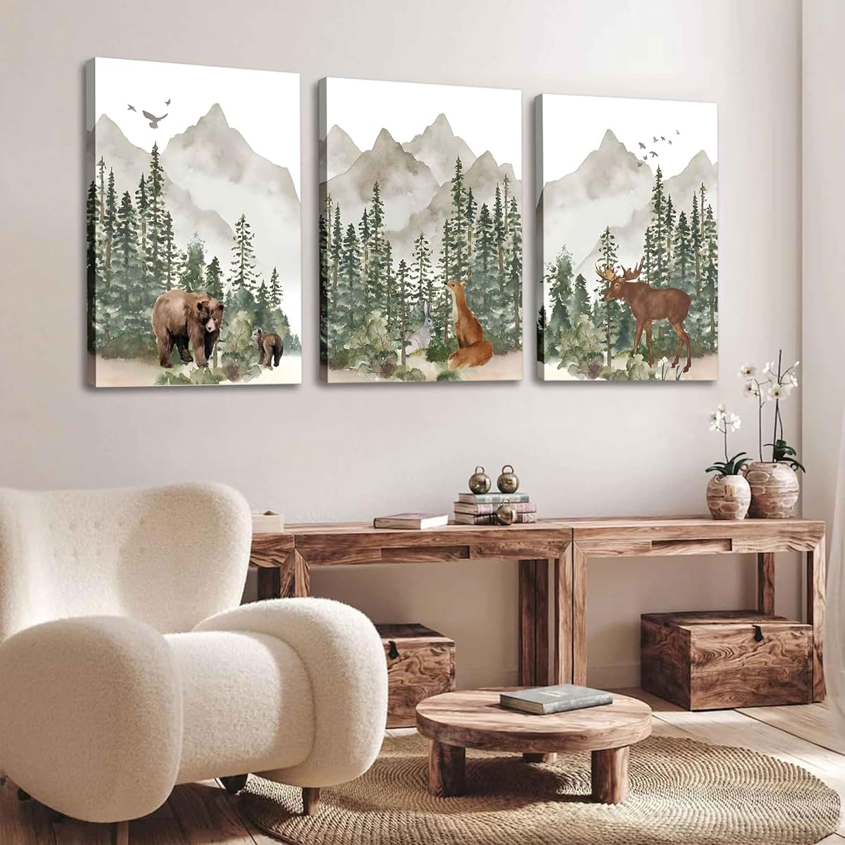 WSTUKVV 3Pcs Woodland Nursery Wall Art Framed Animal Canvas Prints
