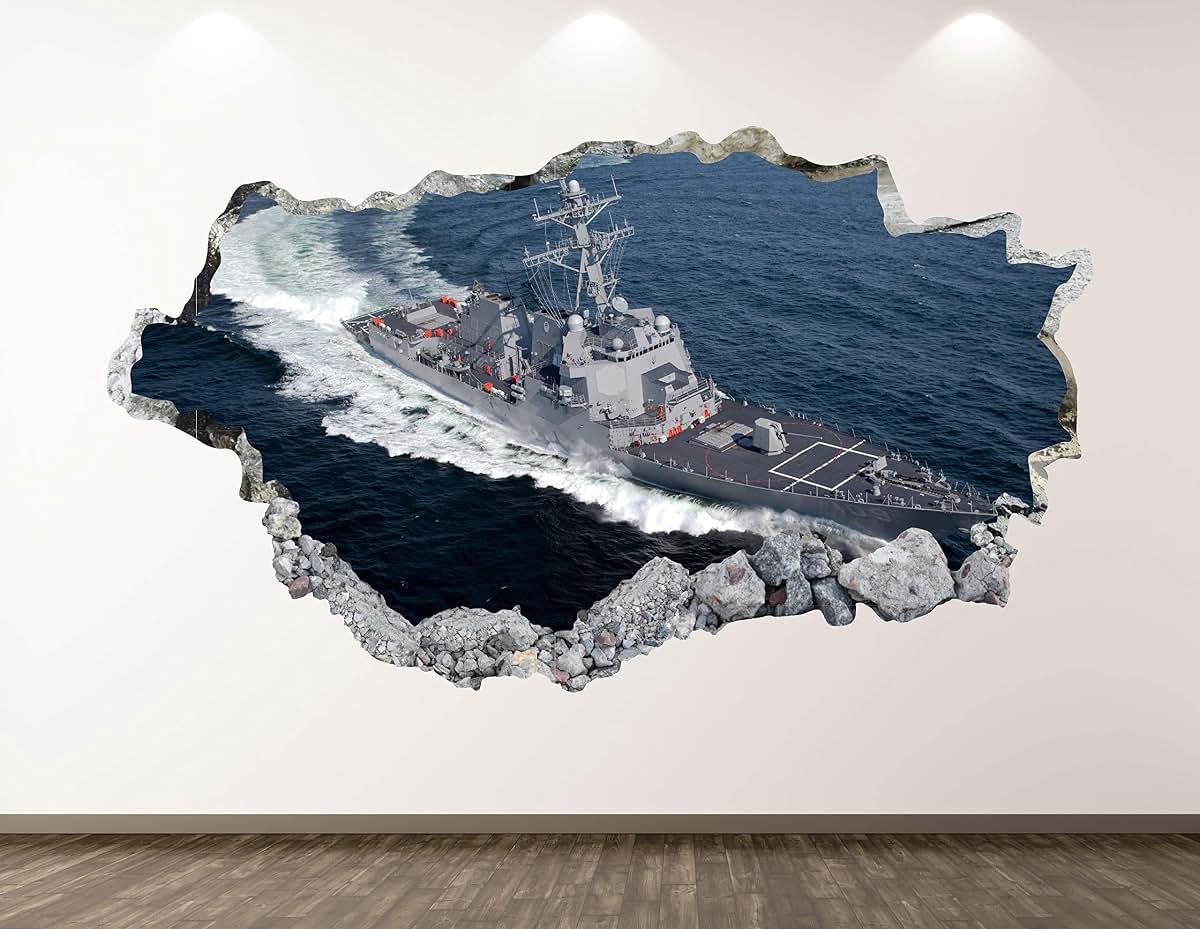West Mountain Navy Ship Wall Decal Art Decor 3D Smashed Destroyer Sticker Poster Kids Room Mural Custom Gift BL246