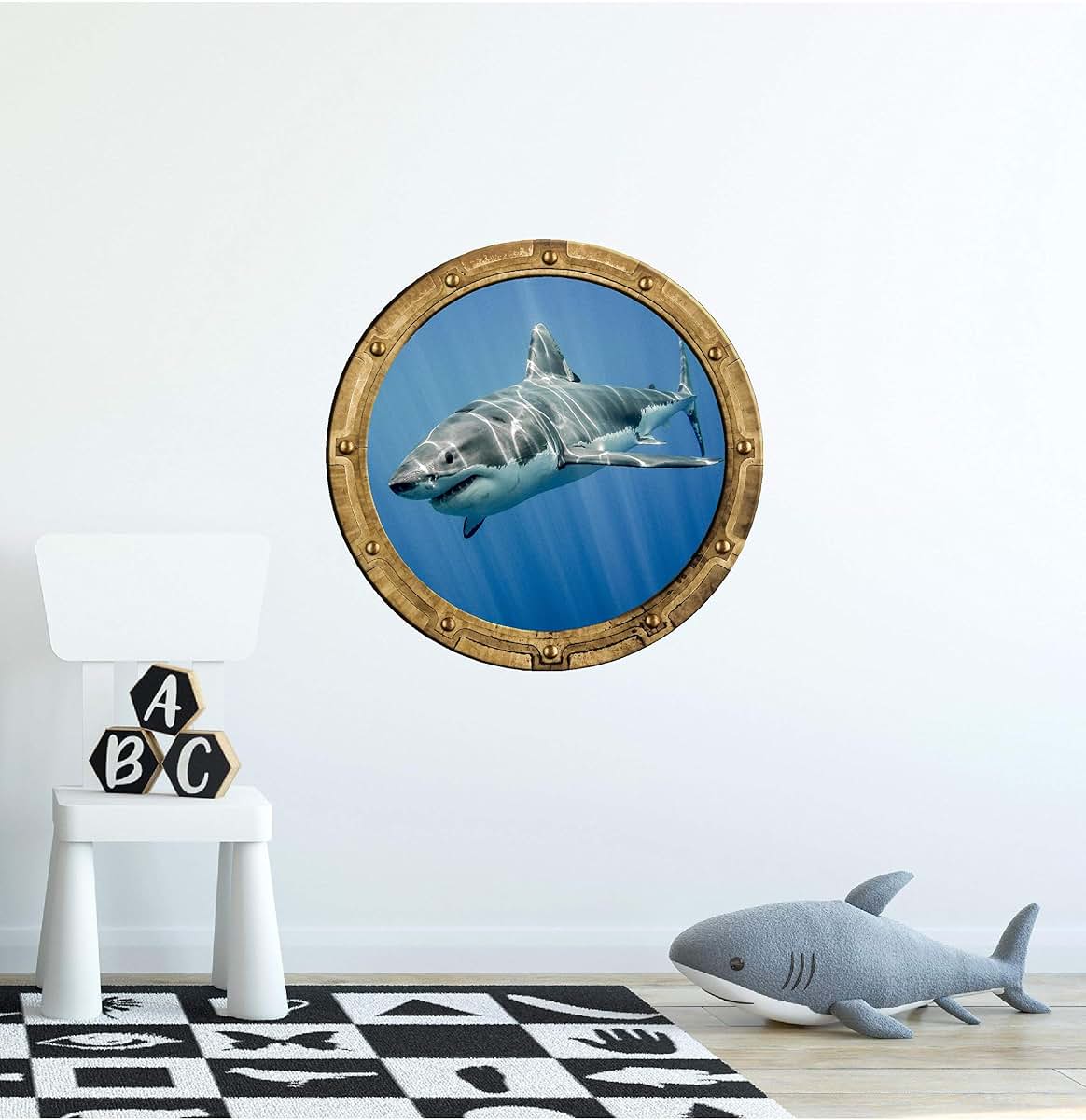 Stickit Graphix 24" Porthole 3D Window Wall Decal Shark #4 RUSTIC Port Scape Jaws Great White Megalodon Instant Under