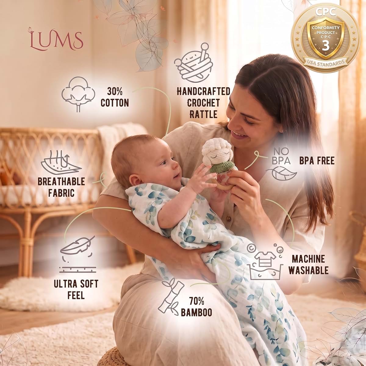 LUMS Baby Gift Basket – Newborn Gift Set 6 Pieces: Bamboo Blanket, Footprint Frame, Rattle, Comb, Pacifier Clip & (photo 4)