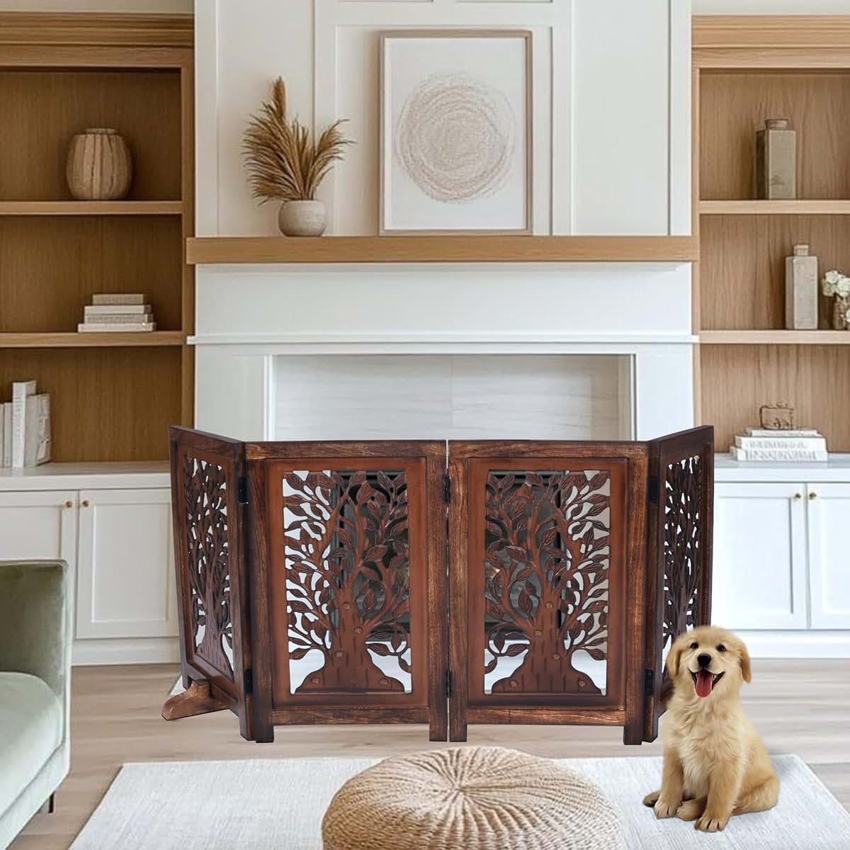Woodify Dog Gate 4 Panel Free Standing Folding Pet Gate, 56x28 - Natural Burnt