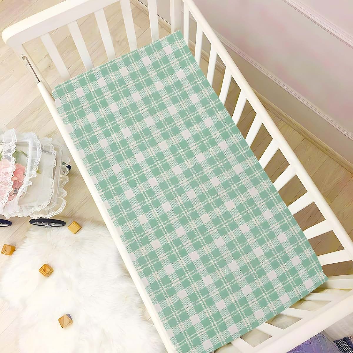 Jihqo Green Gingham Checkered Crib Sheets