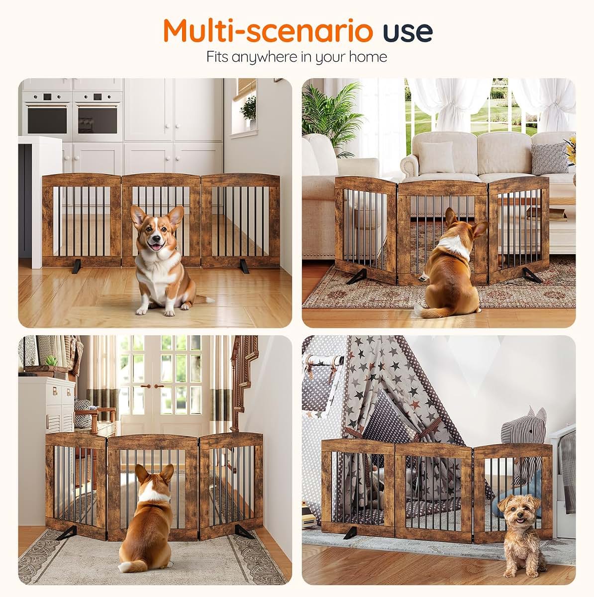 Hoobro Indoor Dog Gate With Support Feet, 3-Panel Freestanding Pet Fence