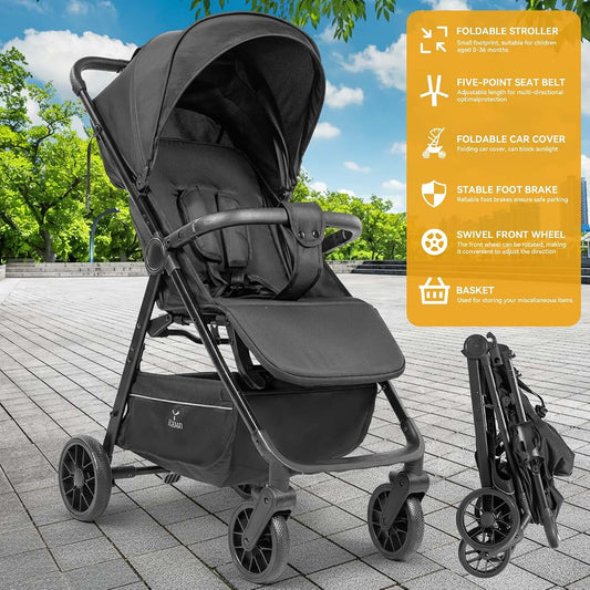 BabyOneStop Lightweight Foldable Stroller with Five-Point Harness and Storage Basket