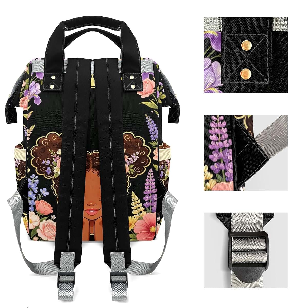 YallLocoMo Custom Diaper Bag Backpack for Girls Boys Kids Lupine Wildflower Black Girl Princess Gift the Best: Spacious (photo 4)