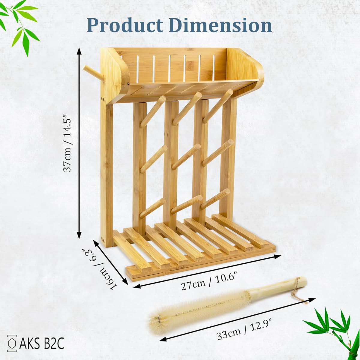 AKS B2C Bamboo Baby Bottle Drying Rack, 9 Bottle Capacity, Vertical Countertop Organizer with Cleaning Brush