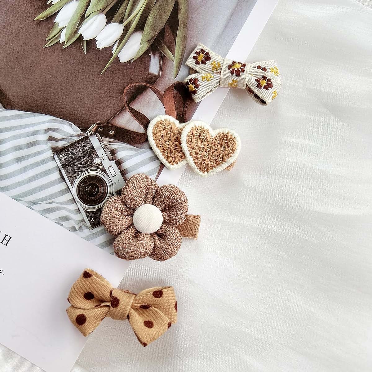 EleMirsa 12pcs Girl's Brown Bow Fabric Snap Hair Clips Set
