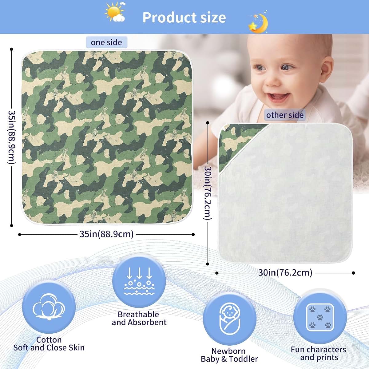 Pigsaly Dark Green Camo Print Hooded Baby Towel, Cotton, 35 x 35 in