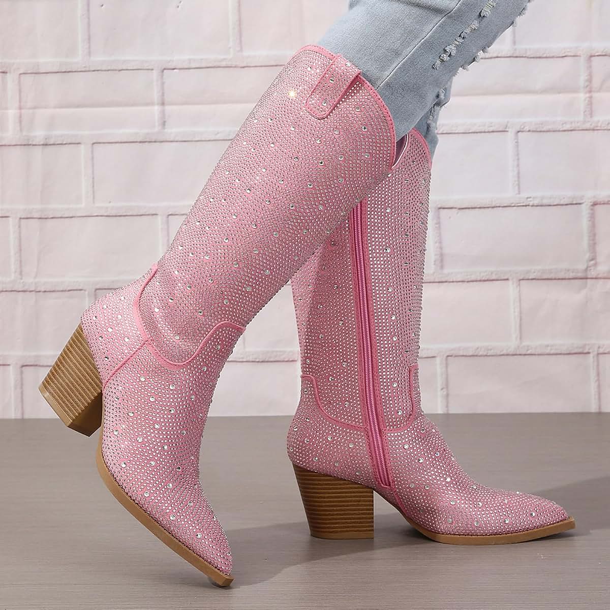 Women's Rhinestone Cowboy Boots Mid Calf Pointed Toe Sparkly Block Heel