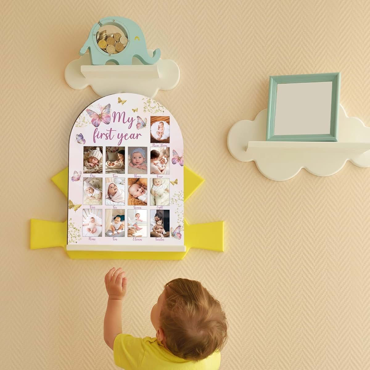 UIBOVA My First Year Photo Board, Wooden Milestone Display for 2x3 Photos, Butterfly Nursery Decor