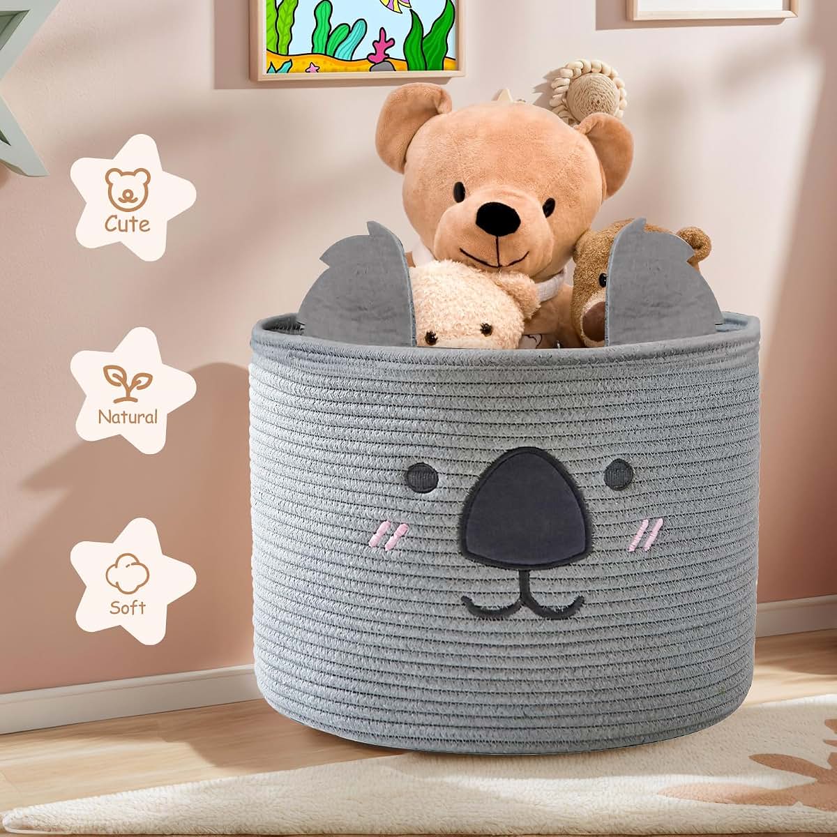 Omerai Koala Cotton Rope Basket, Grey Foldable Storage Bin