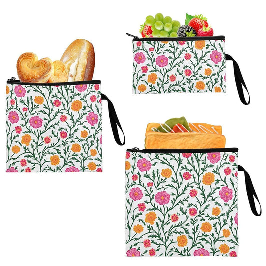 Yoogain Peach Marigold Flowers Vines 3 Piece Reusable Sandwich Snack Bag Set (photo 2)