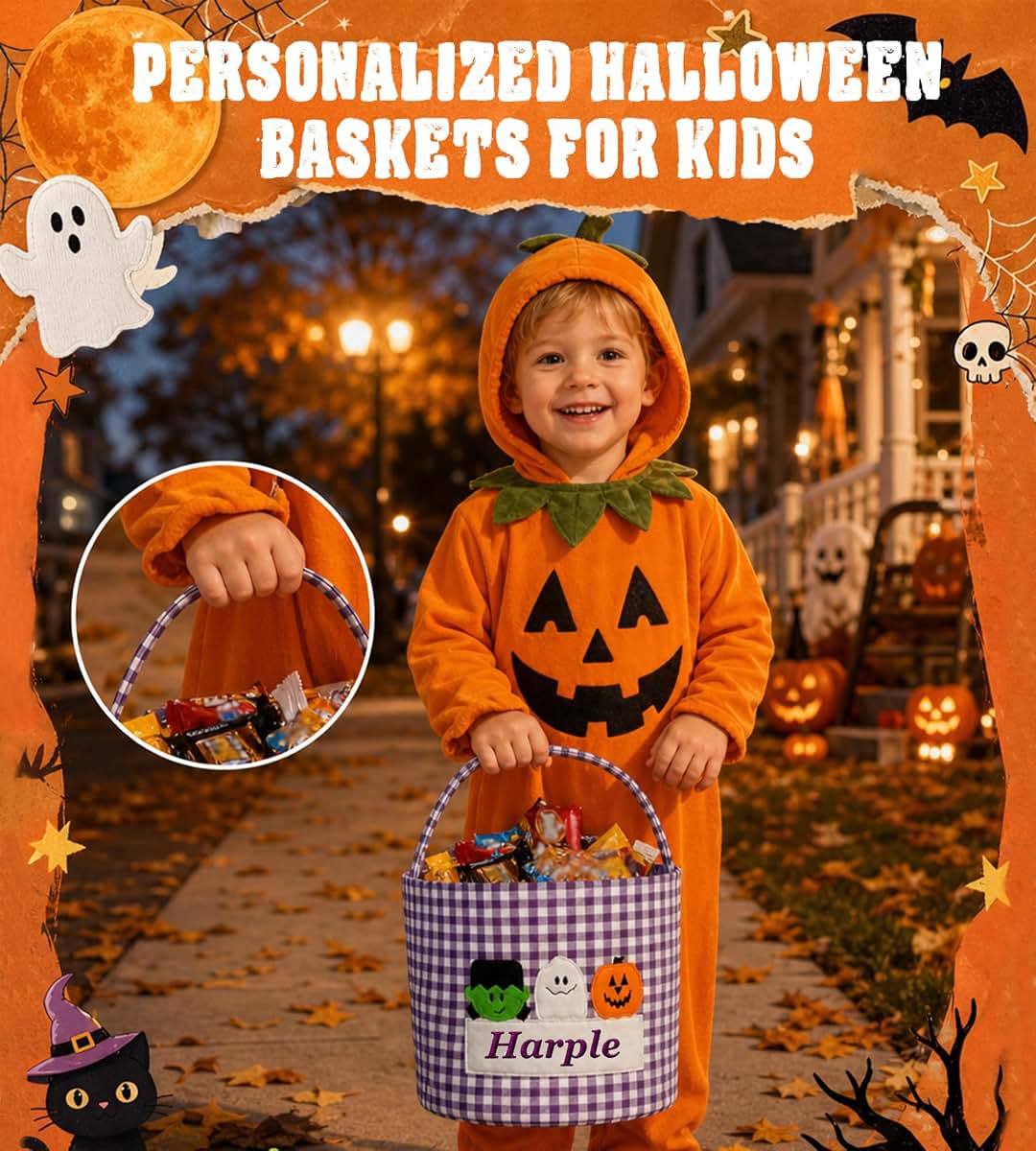 HMTANZR Personalized Halloween Basket Gingham with Embroidery Name (Black, Style 3) (photo 4)