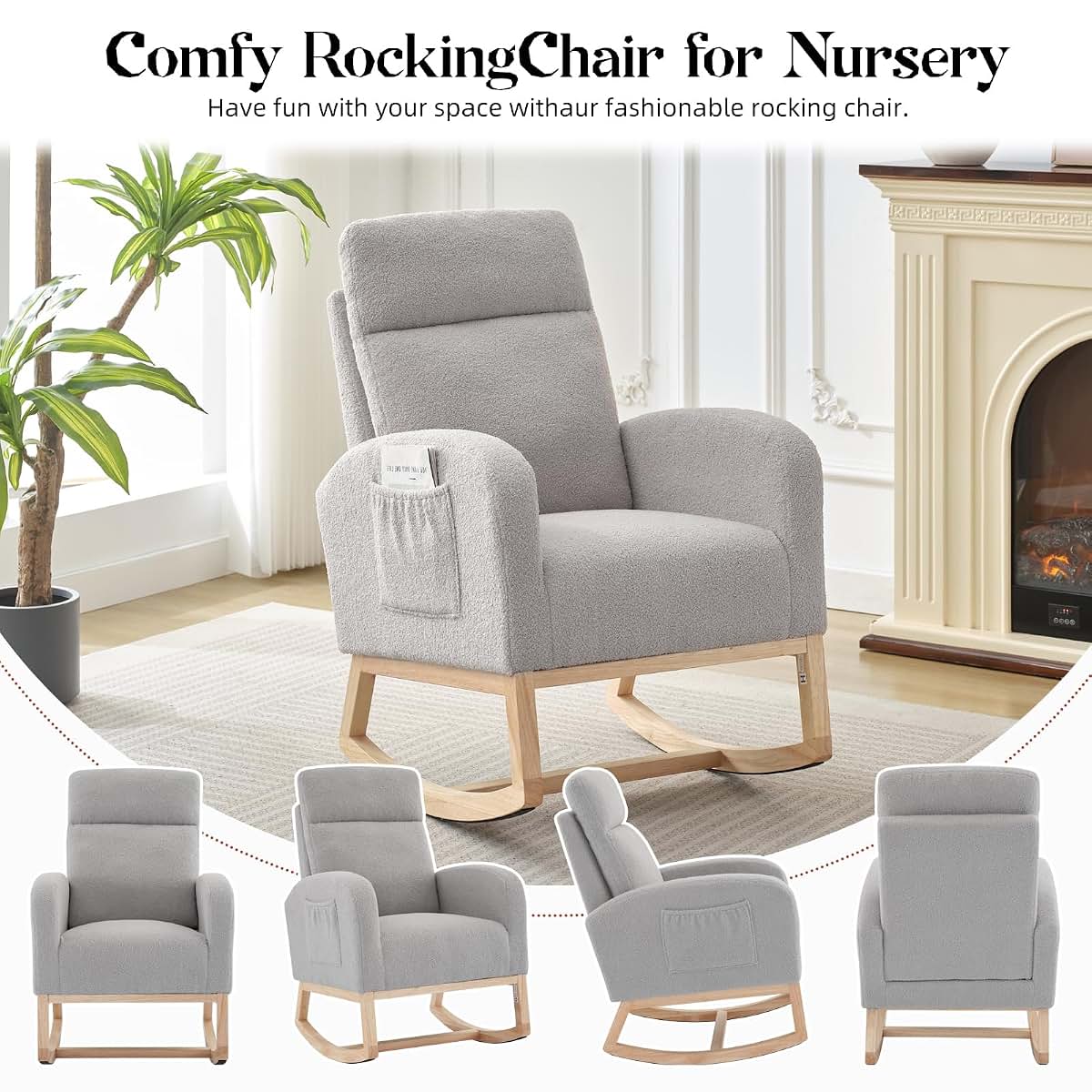 Glider Rocking Chair Nursery Accent Armchair with Side Pocket