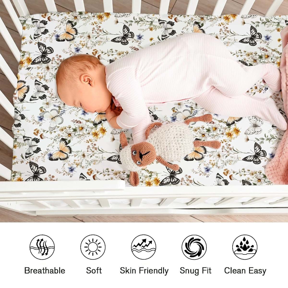 Vintage Butterflies Floral Baby Crib Sheet 52x28 Inch Fitted Breathable Polyester