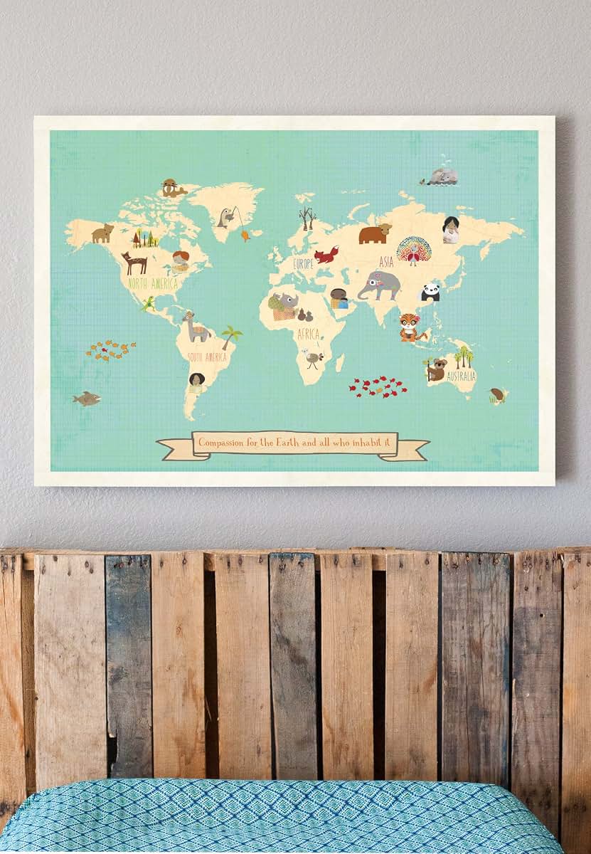Children Inspire Design Global Compassion World Map 24x18 Print, Children's Wall Art Map, Kid's Animal World Map