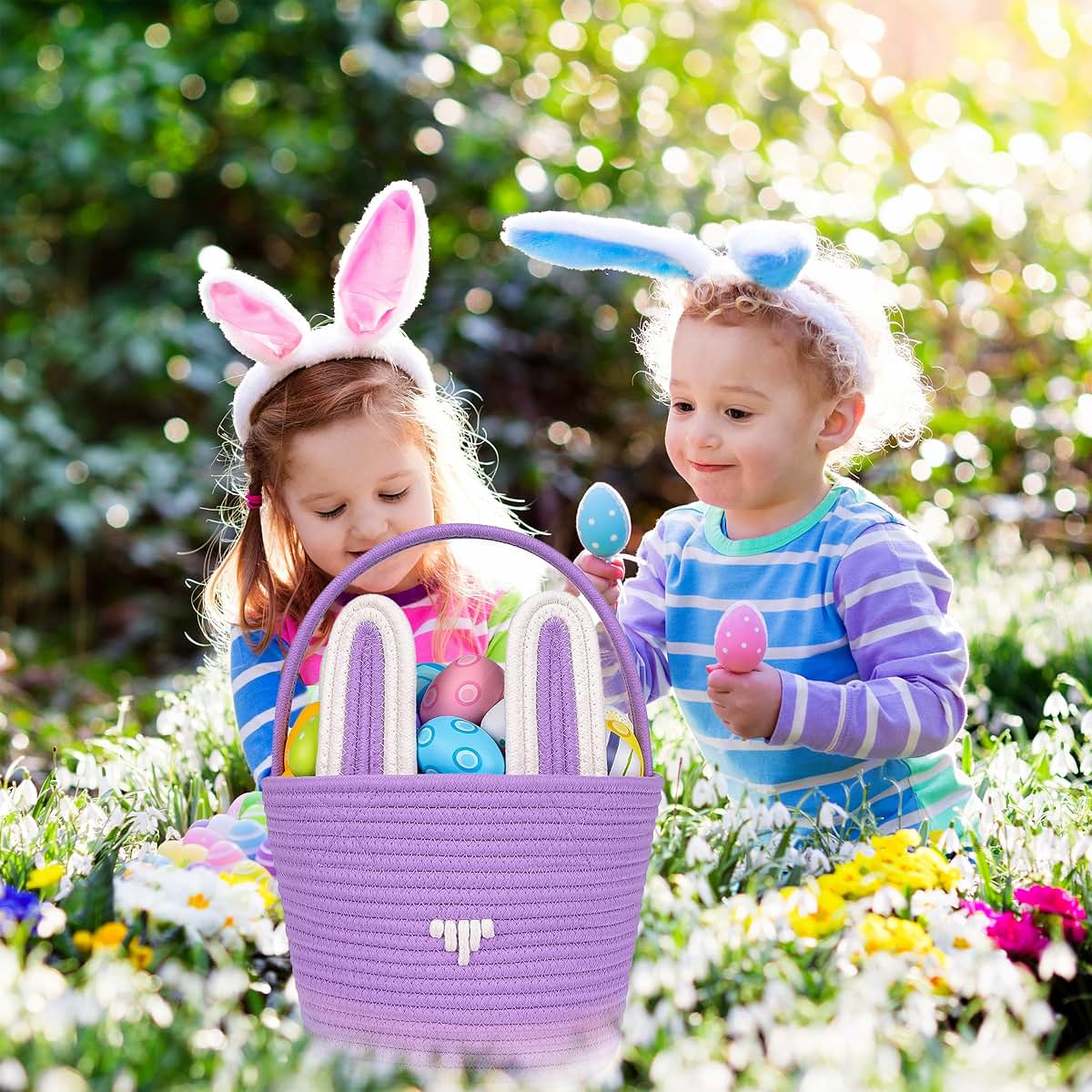 Easter Bunny Basket With Handle, Foldable Cotton Egg Hunt Bucket, Blue