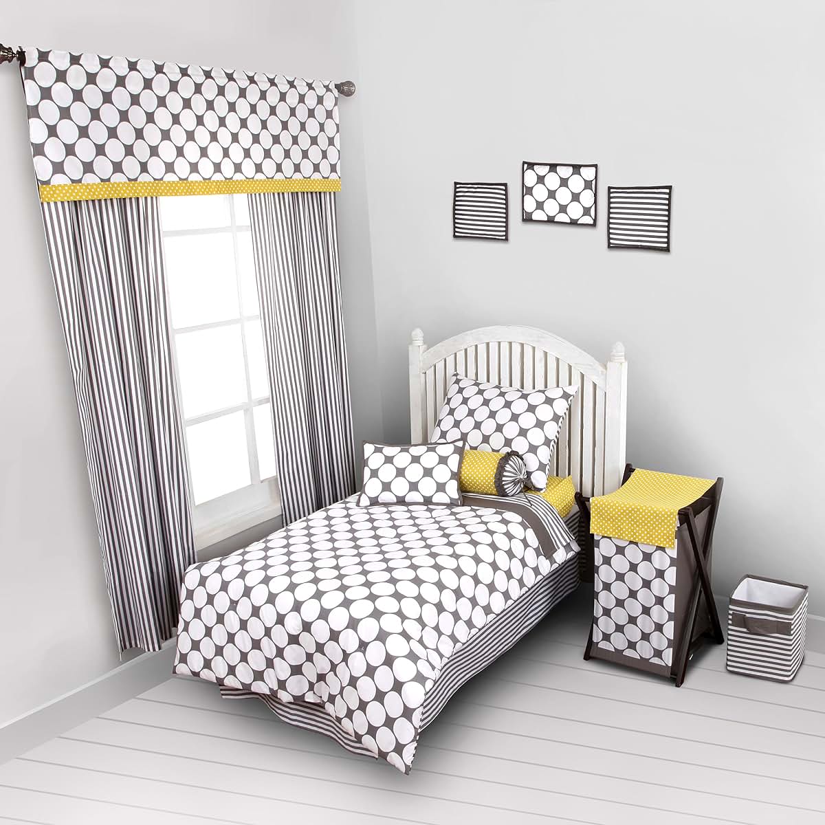 Bacati - Dots/pin Stripes Grey/yellow Hamper (photo 3)