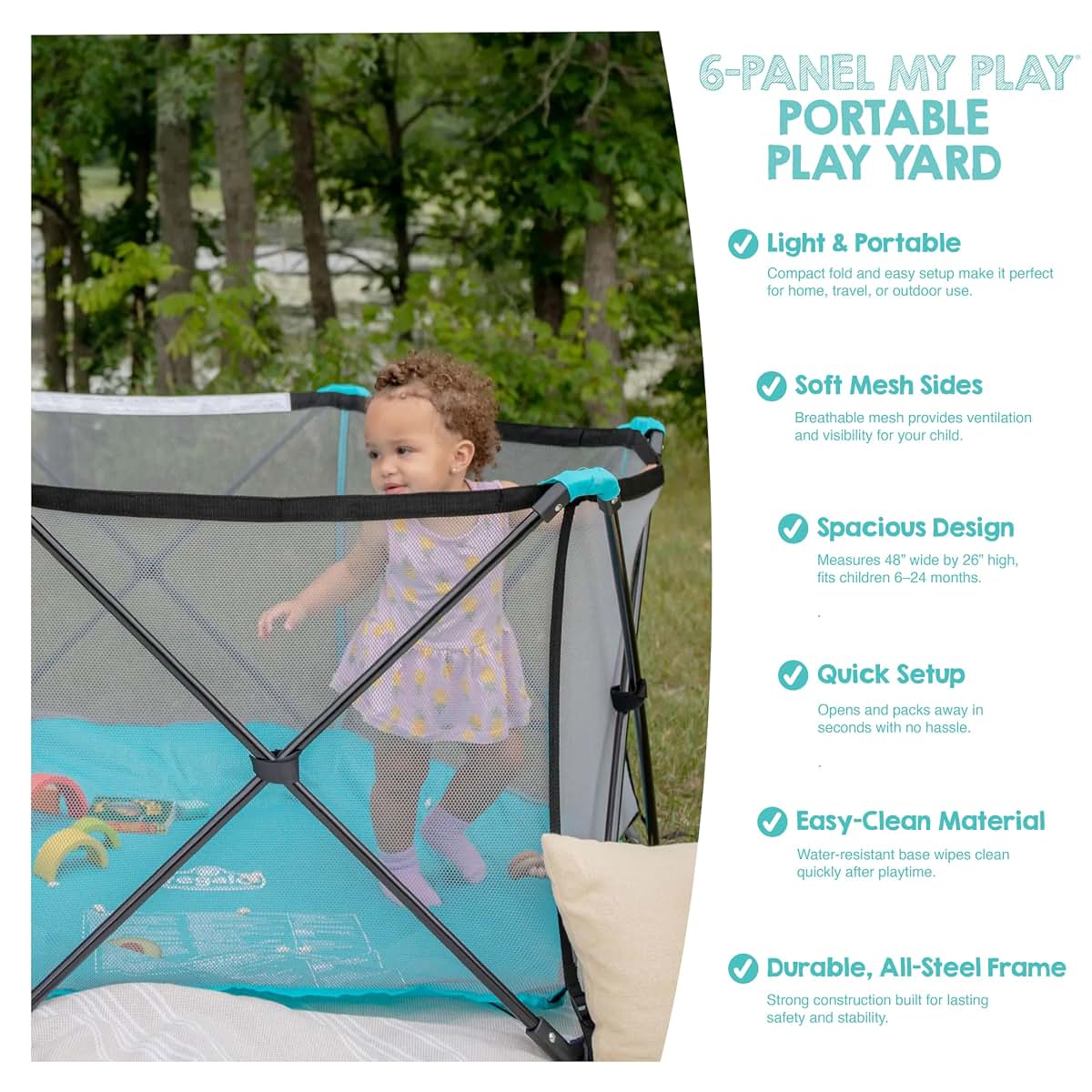 Regalo My Play Portable 6-Panel Baby Playpen with Mesh Sides, 48 Inch, Aqua/Black