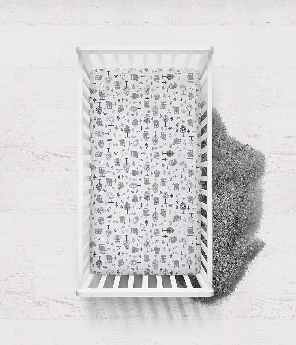 Bacati 2-Pack Crib Fitted Sheets, 100% Cotton Percale Owls Print, Beige/Grey
