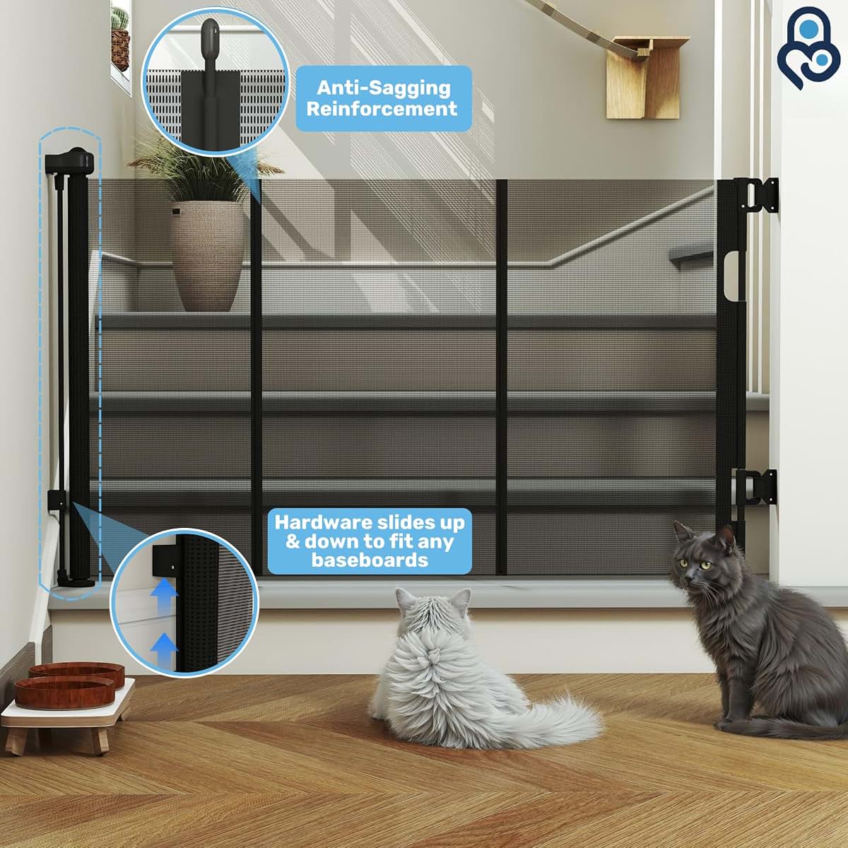 Retractable Mesh Gate for Stairs & Doorways - Black Pet/Child Barrier