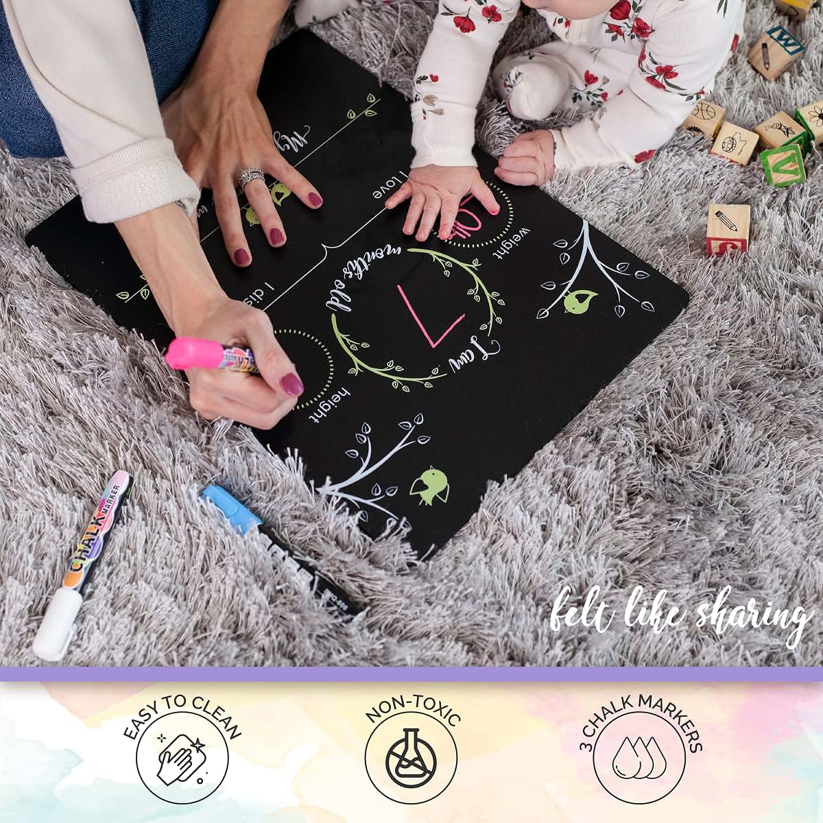 Felt Like Sharing Baby Milestone Chalkboard Sign 12x16 Inch with 3 Markers