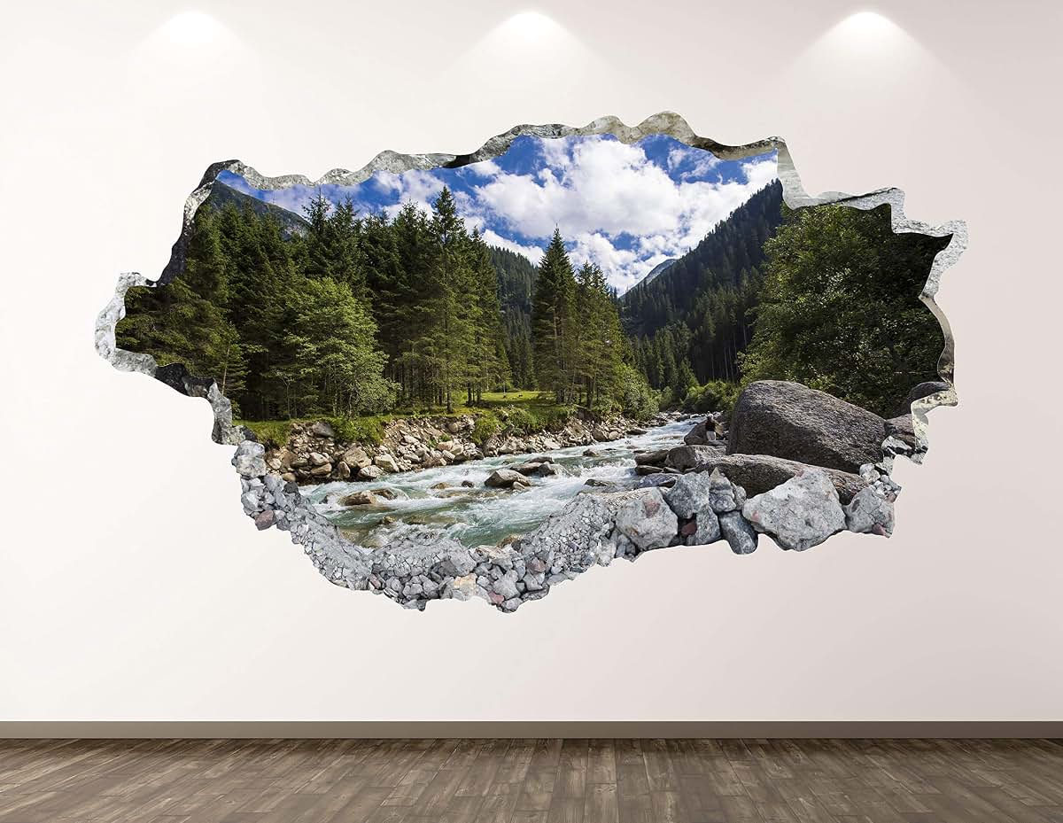 West Mountain Mountain River Wall Decal Art Decor 3D Smashed Landscape Sticker Mural Kids Room Custom Gift BL122 (22" W