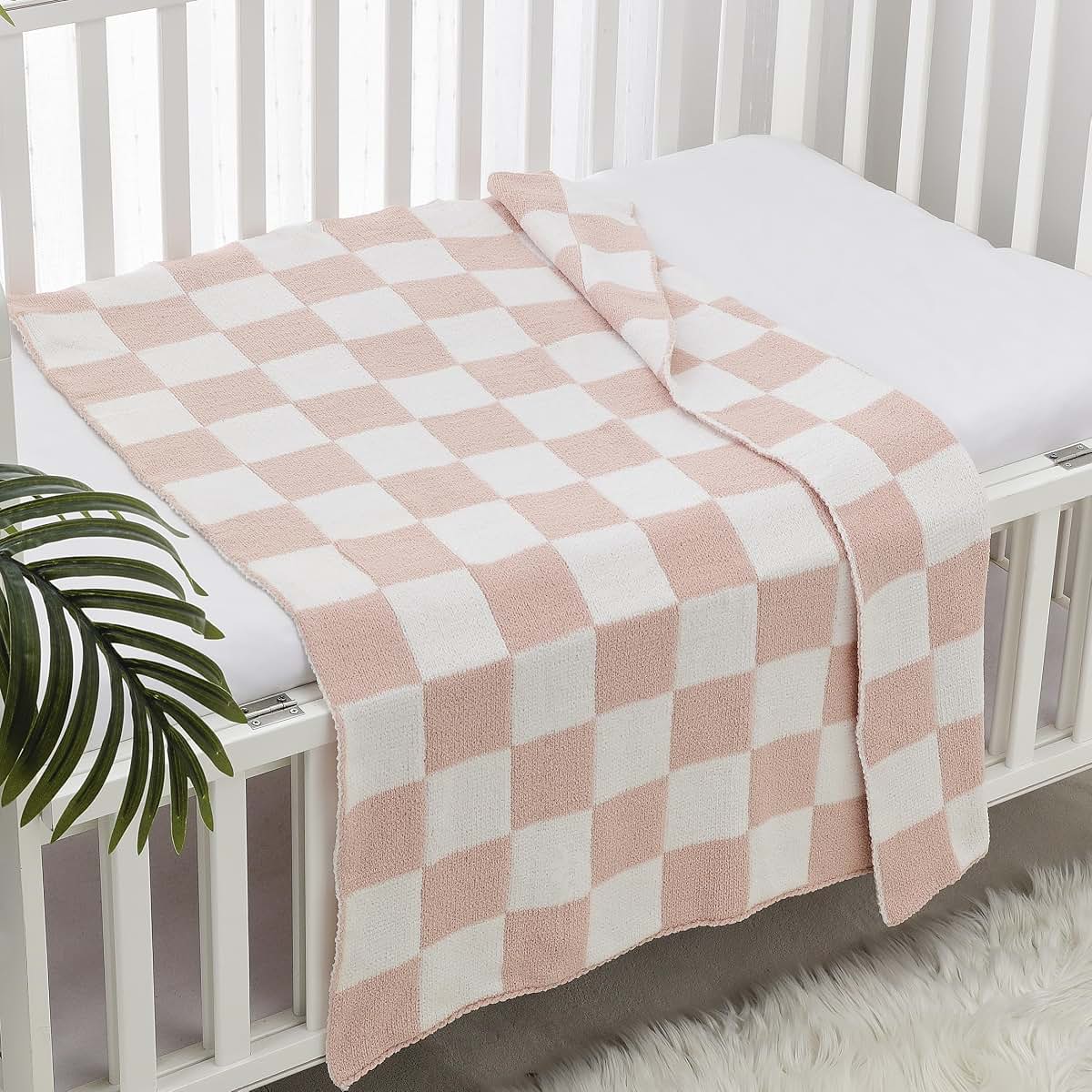 Checked Pink Chenille Baby Blanket for Newborns and Infants