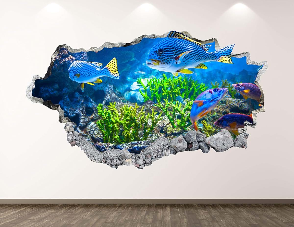 BabyOneStop Aquarium Wall Decal Art Decor 3D Smashed Coral Reef Fish Sticker Kids Room Mural