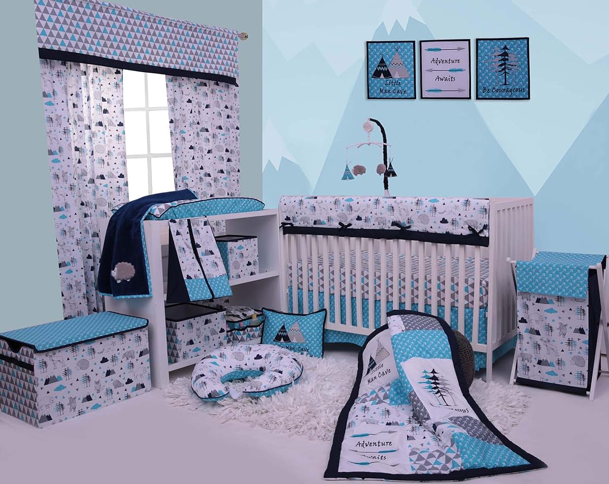 Bacati Woodlands Boys Cotton Changing Pad Cover, Aqua/Navy/Grey