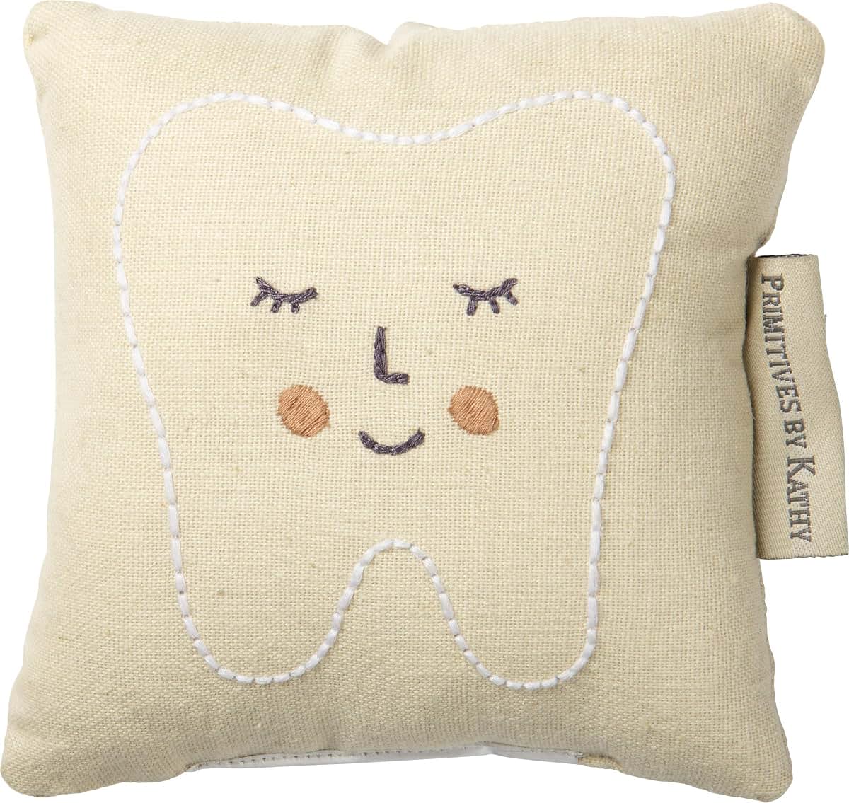 Primitives by Kathy Dear Tooth Fairy Mini Pillow, 5x5 Inch, Pink Embroidered Keepsake with Back Pocket