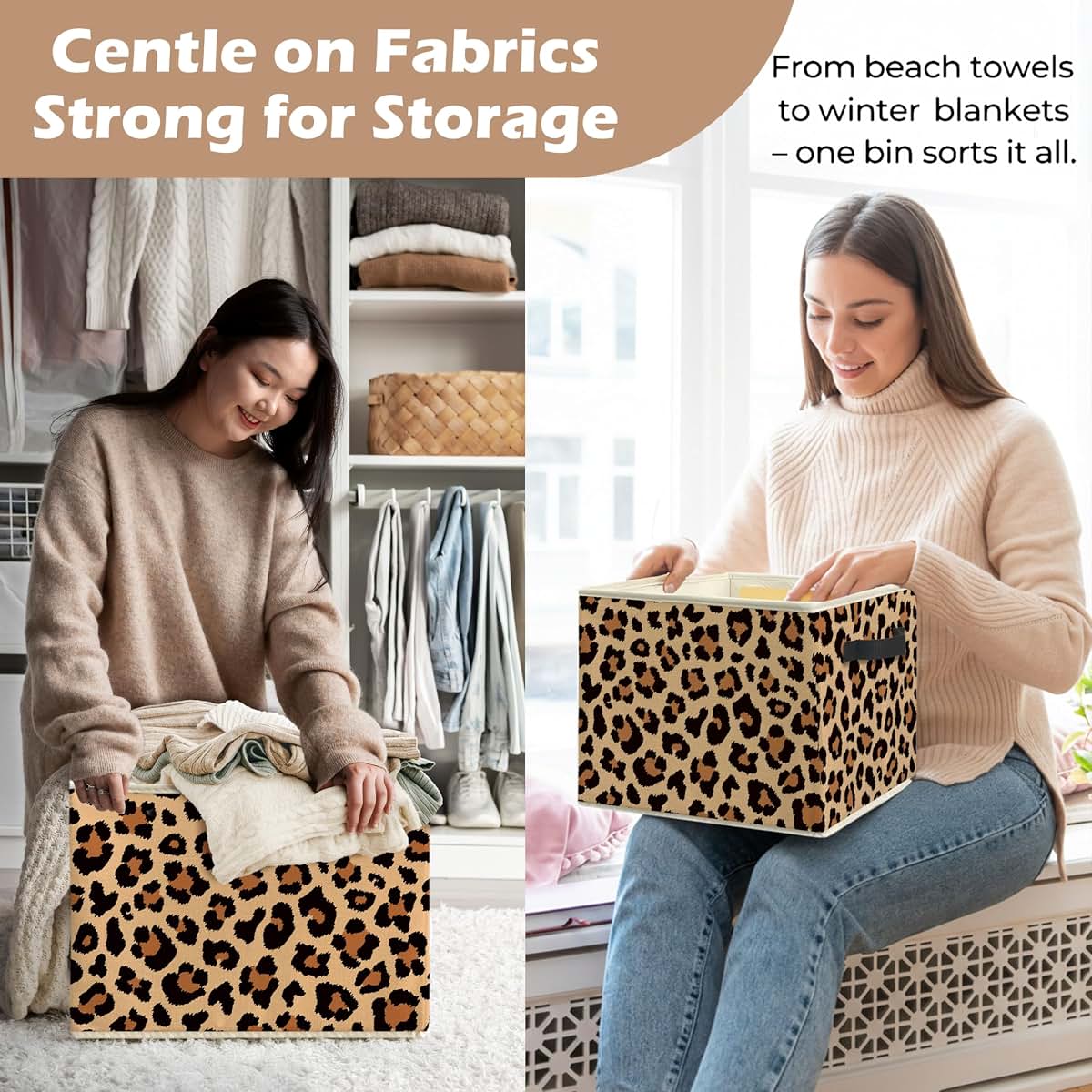 WARDOS Trendy Leopard Storage Bin with Handles, Foldable Linen Fabric Basket for Nursery and Home
