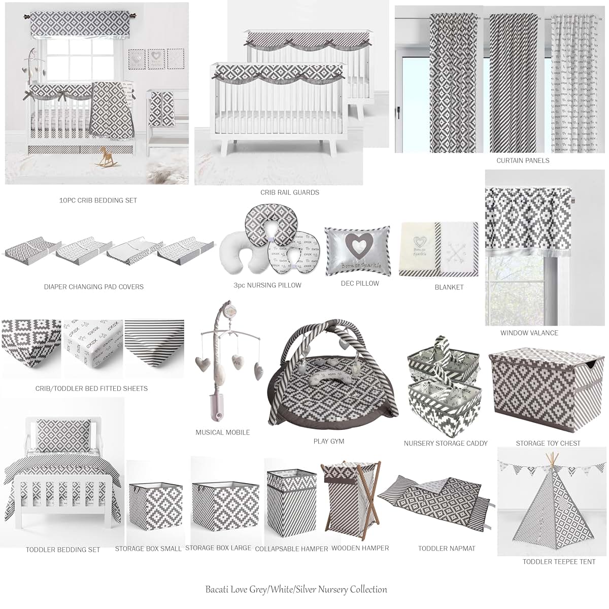 Bacati Love Unisex Fabric Memory Photo Bulletin Board in Silver/Grey (photo 3)