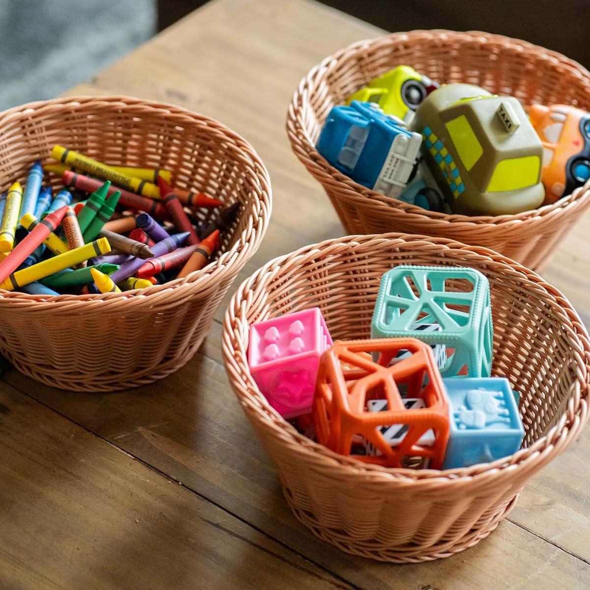 Constructive Playthings Round Plastic Wicker Storage Baskets, Set Of 3