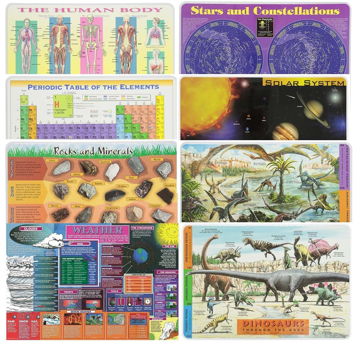 Painless Learning Educational Placemats for Kids Human Body, Periodic Table, Rocks and Minerals, Solar System, Weather