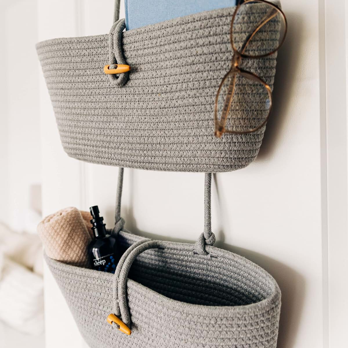 OrganiHaus Over the Door Organizer with 3-Tier Woven Cotton Rope Hanging Baskets, Light Gray
