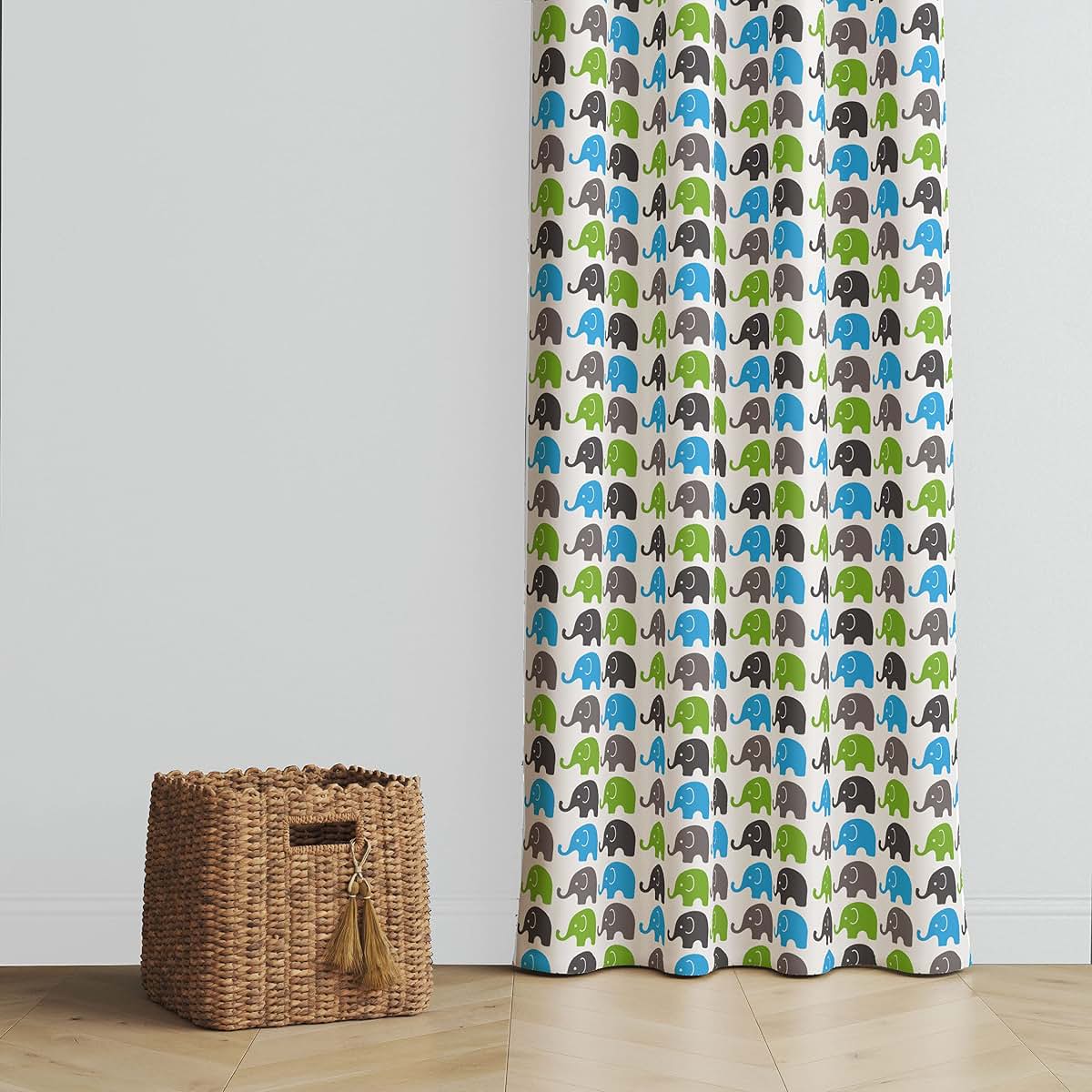 Bacati - Single Light Filtering Curtain Panel Elephants (Aqua Lime Gray)