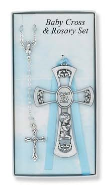 McVan Pewter Baby Boy Cross Crib Medal And Blue Rosary Set