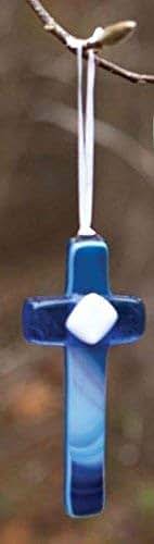 Handmade USA Blue Glass Cross Grandpa Gift in White Gift Box, 4 Inch