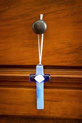 Handmade USA Blue Glass Cross Grandpa Gift in White Gift Box, 4 Inch