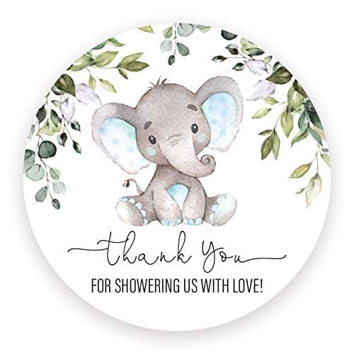 InvitationHouse 2"" Round Elephant Baby Shower Thank You Favor Stickers (40 Labels) (Blue Elephant - Green Leaves)