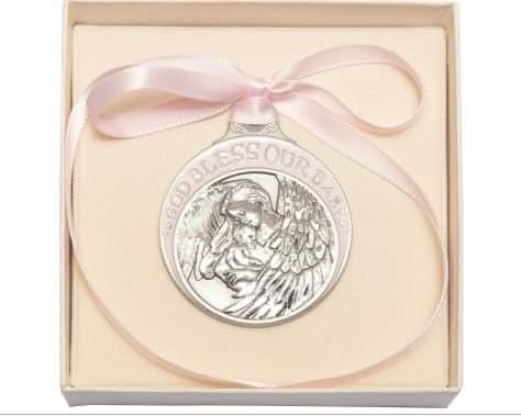 YOOZENA Baby With Guardian Angel Pewter Crib Medal With Pink Ribbon