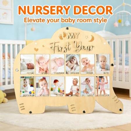 DegoCython Baby First Year Photo Collage Frame Elephant Design 12 Month Milestone Wooden Keepsake Display Tabletop Wall (photo 4)