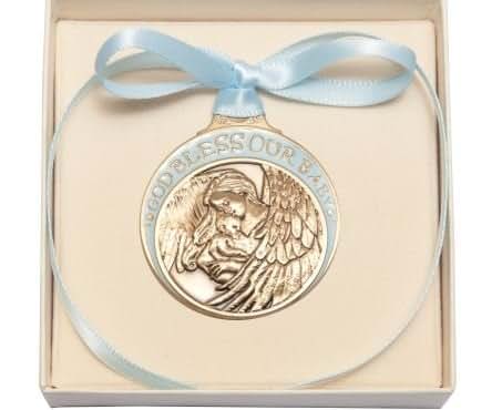 Gold Oxide Baby Guardian Angel Crib Medal with Blue Ribbon, Boxed