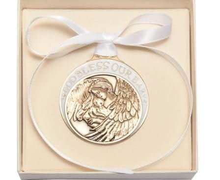 Truefaithgifts Gold Oxide Baby with Guardian Angel Crib Medal with White Ribbon - Boxed.