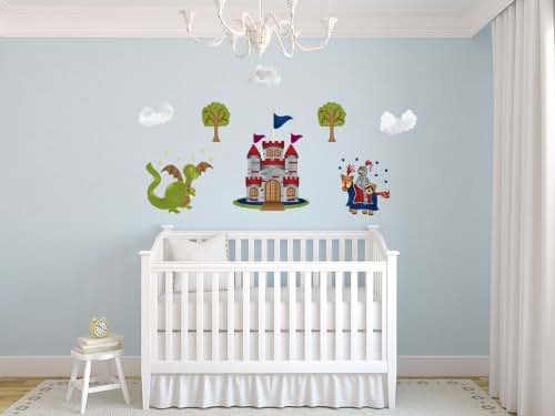 Sunny Decals Knight and Dragon Fabric Wall Decals - Standard Sized - Knight, Dragon, Castle, Trees, Clouds