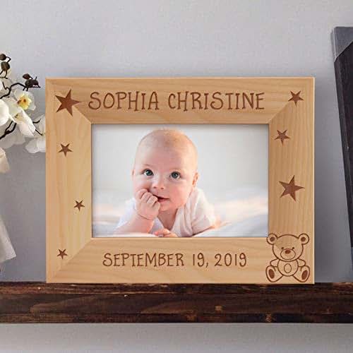 Center Gifts Baby's Name and Birthdate Personalized Wooden Picture Frame-6" x 4" Brown Horizontal