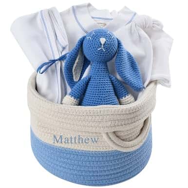 Our Green House Baby Gift Basket with Personalized Baby Name - Organic, Blue, Boy - 3-6m